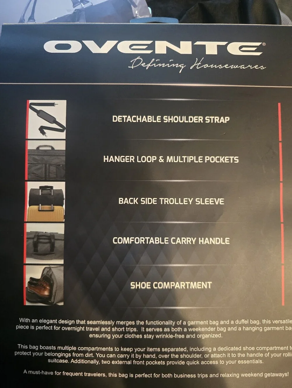 NEW w/Tags Ovente 2-in-1 Convertible Garment Duffel Bag Travel Carry-On Luggage